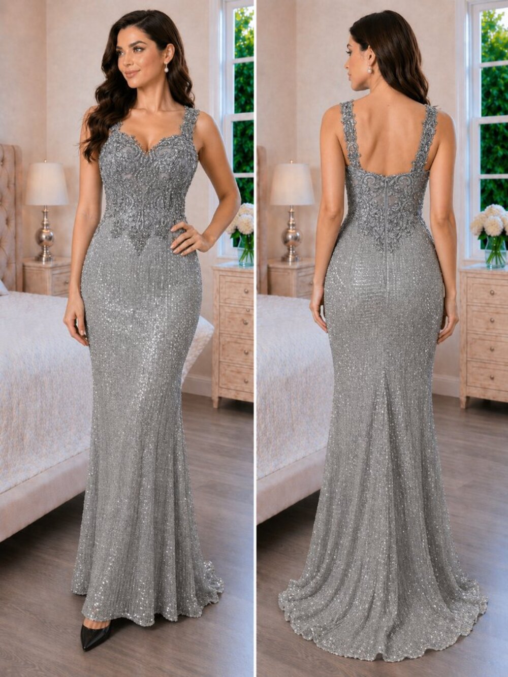 Montage by Mon Cheri Gray Beaded Formal Gown $495